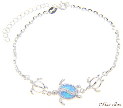 925 Silber Rhodium Hawaii Meer Honu Schildkröte CZ blauer Opal Gliederkette Armband 7''+