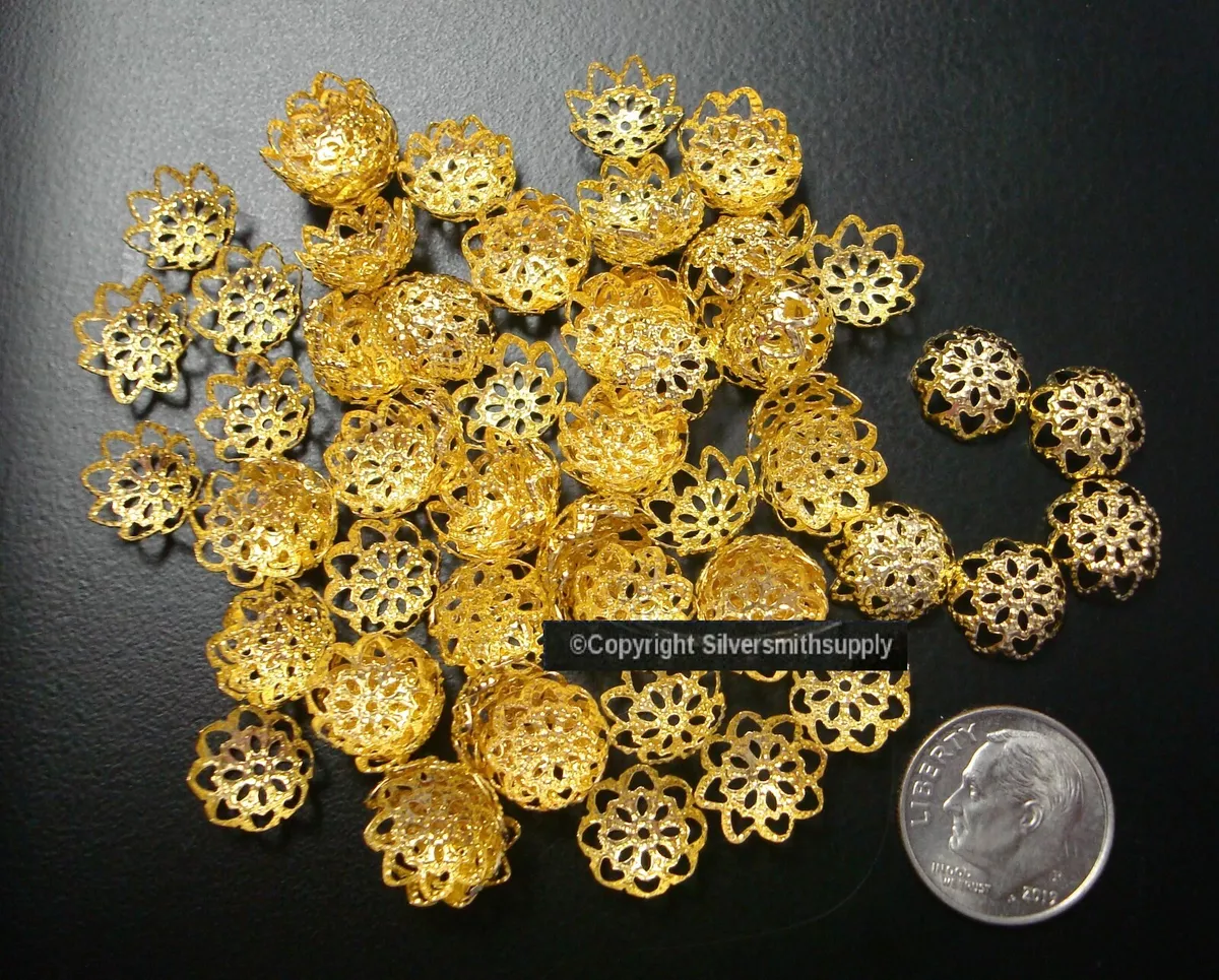 100 Yellow gold platd metal 10mm filigree bead caps Victorian design caps  FPB221