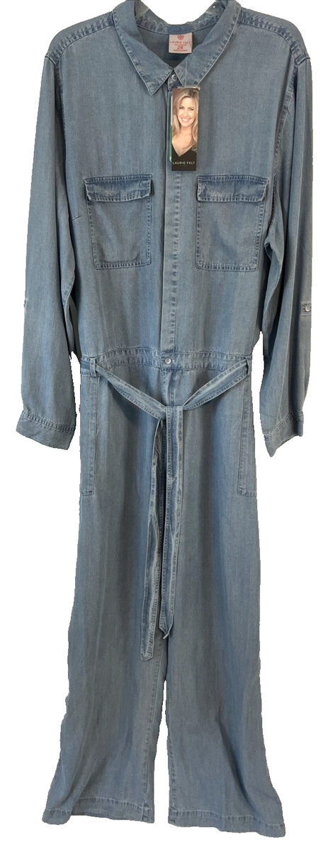 Laurie Felt Tencel Denim Jumpsuit 2X Blue Long Sleeve Belted