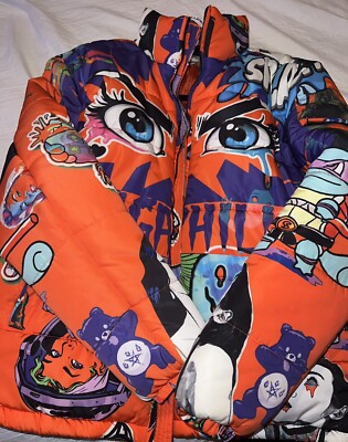 Sugarhill Puffer Jacket Men Size L Psycho Art Beautiful colorful graphics 