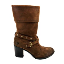 Womens 8.5 M Born Brown Nubuck Leather Side Zip Calf Boots B47106 Strap Buckle