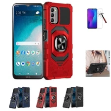 For Nokia C300, Ring Stand Hybrid Case Cover + Tempered Glass