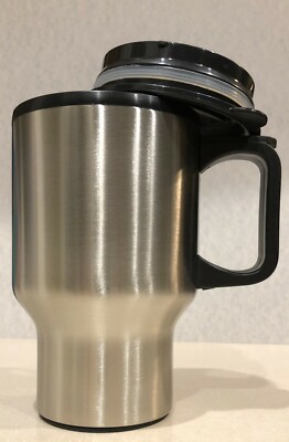 16 oz Silver Travel Mug - Black Plastic Liner - Slider Lid - Tapered Bottom