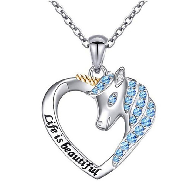 Heart Shaped Unicorn Diamond Carving Life Is Beautiful Necklace Lssed