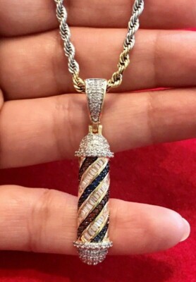1Ct Lab Created Diamond King Barber Shop Pole Pendant 14K Yellow Gold Finish