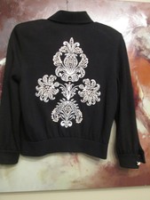 St. John Marie Gray Black Pearl Button Embroidered Fleur De Lis Jacket, Sz M