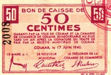 Notgeld II wojna światowa Alzacja Colmar 50 centymów - 50 franków 1940 zestaw 4 szt. UNC