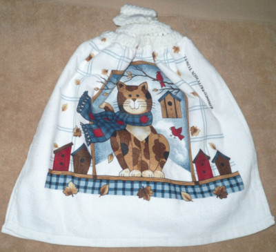 1 Crochet Top Hanging Kitchen Towel Cat on a Windy Day, Full white yarn
