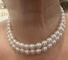 Classic Faux White Pearl Bead w/ Crystal Rondelles 2-strand Choker Necklace