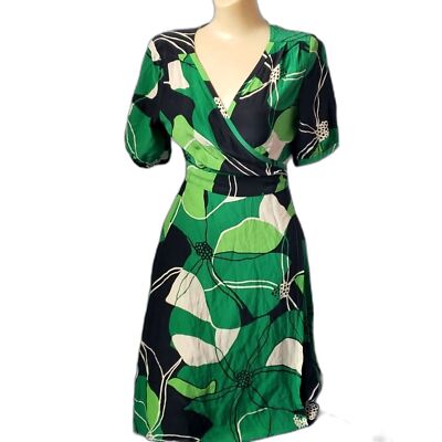 Banana Republic 100% Silk Wrap Dress Large Floral Pattern Green Navy  White
