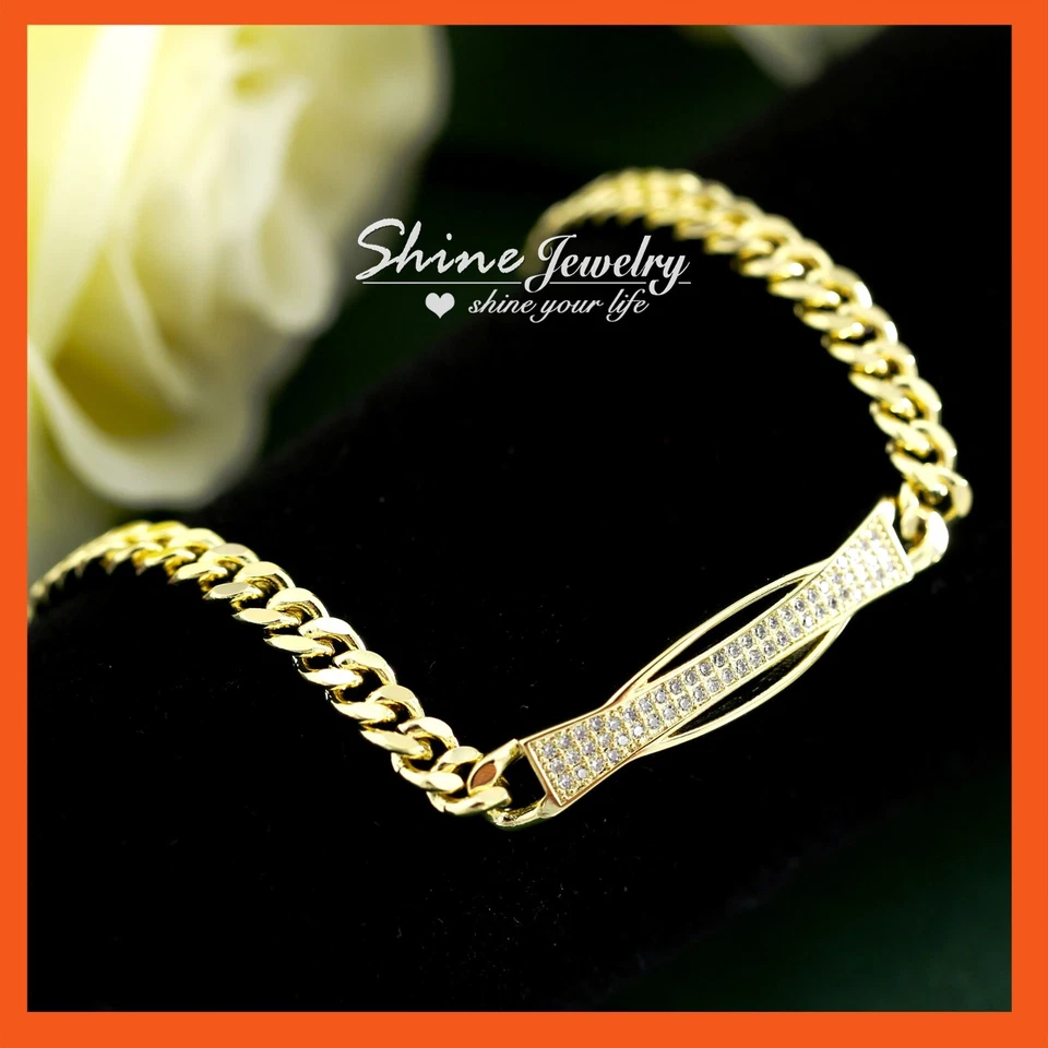 14K YELLOW GOLD FILLED CRYSTAL LINE BAR DIAMOND CUT CURB CHAIN BANGLE BRACELET - Image 3 of 4