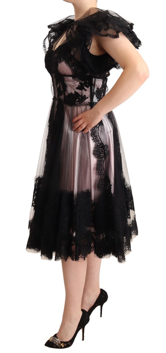 Dolce & Gabbana ローズ柄 シルクフレアスカート ブラック DOLCE & GABBANA Dress Sheer Black Pink Floral Lace A-line