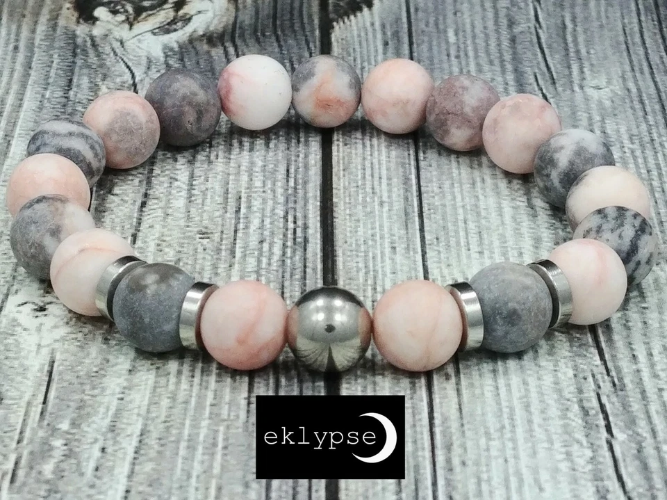 Pulsera unisex con cuentas de piedras preciosas de jaspe rosa/gris mate de 10 mm de acero inoxidable de 8" L Foto 4 de 4