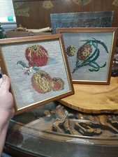 2 Vintage primitive finished needlepoints. Mystery fruit
