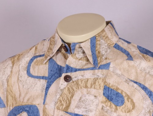 KAHALA Large Linen Blend Aloha Shirt -Beige Blue Multi Tribal Pattern - Picture 4 of 10