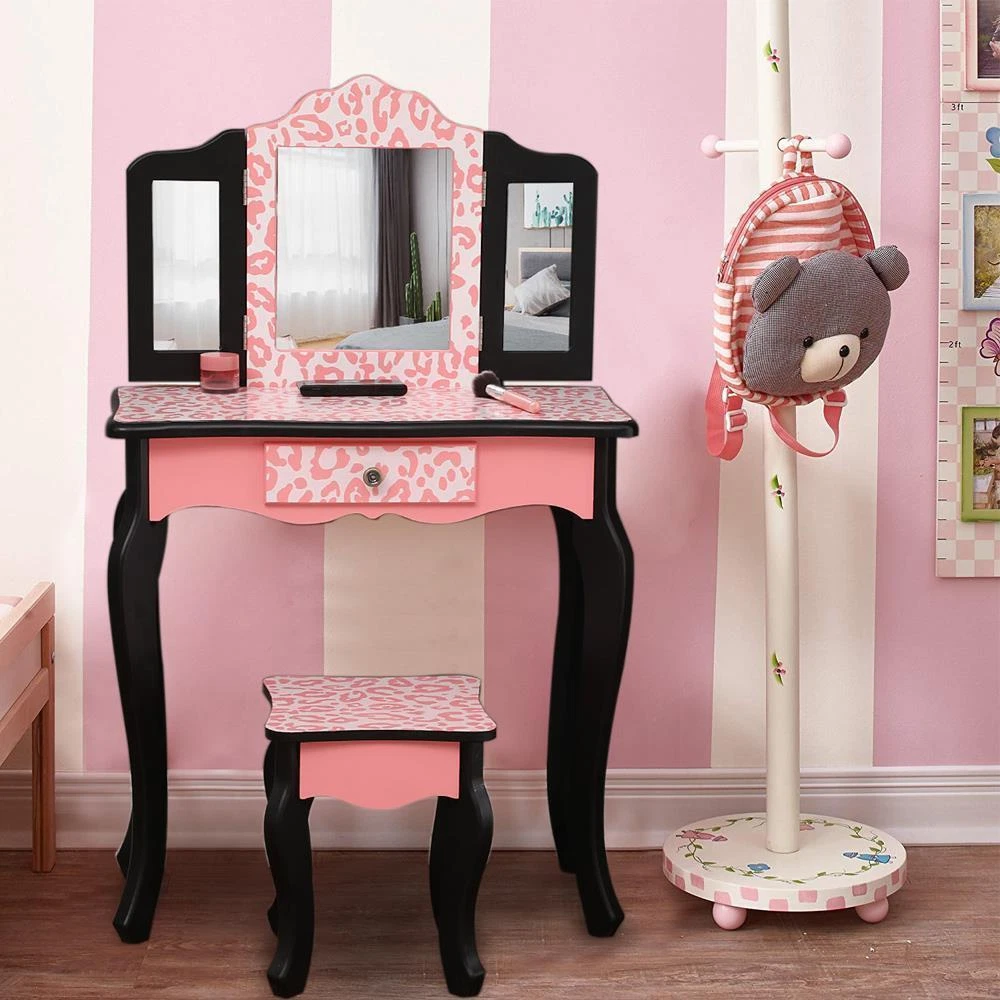 Kids Toddle Vanity Table Makeup Set for W Drawers Dressing Desk w