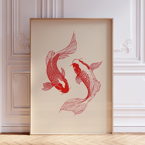 Japanese Red Koi Fish in Yin and Yang Shape Japandi Wall Art Print Poster - Picture 1 of 6