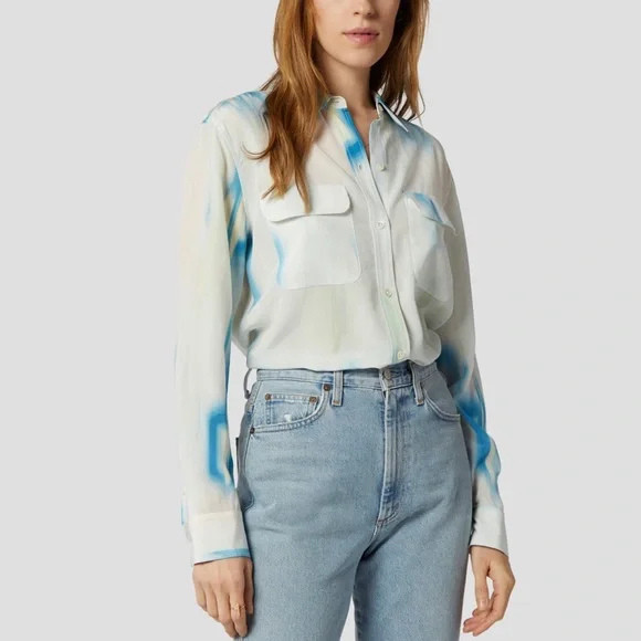 Signature Silk Satin Shirt In Desert Blue Multi, Nwt, Size X