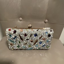 Silver Beaded Rhinestone Multicolor Gem Clutch Bag Evening Purse, Silver