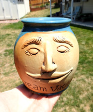 About Face Glazed Art Pottery Dream Vacation Moon Money Jar No Cork Lid  5"