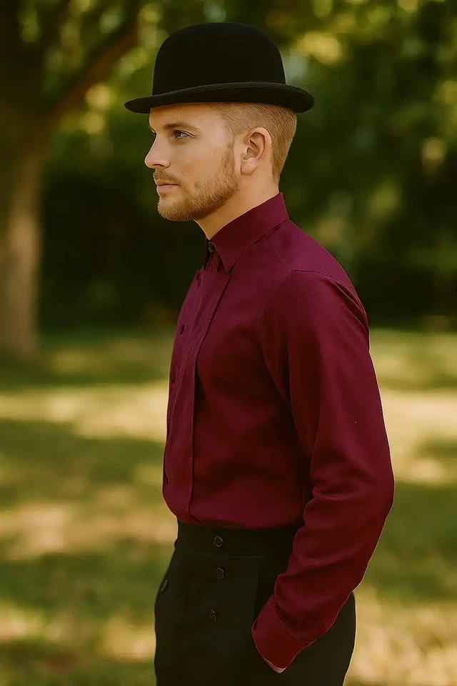 Steampunk Victorian Cosplay Costume Mens Side-Button Linen Shirt [Pink] - Image 2 of 4