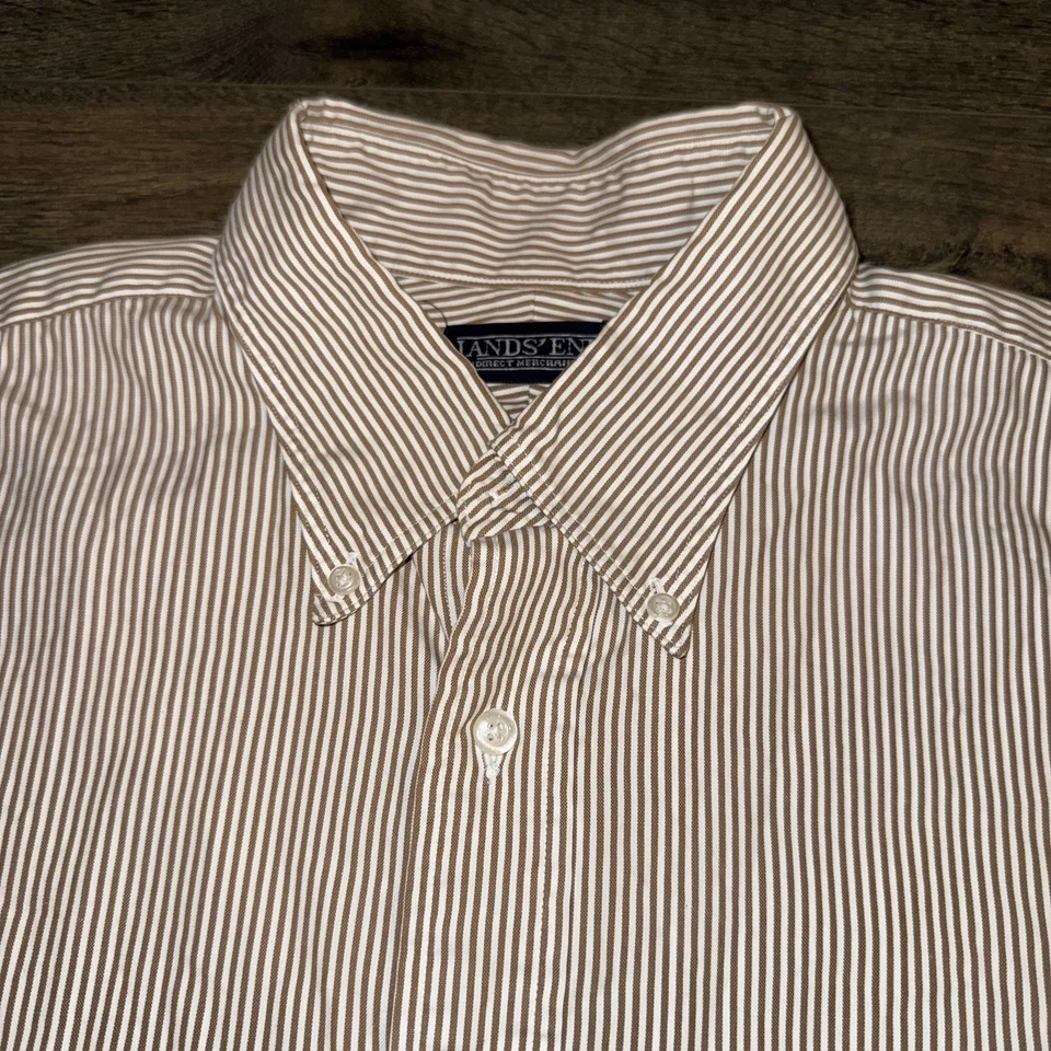 Lands' End Mens Dress Shirt Oxford Button Down Long Sleeves Striped Beige XL - Image 2 of 4
