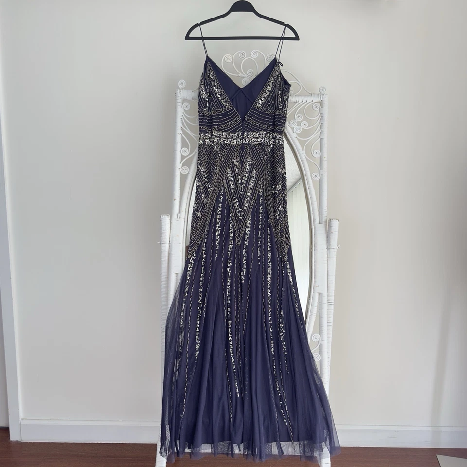 Marina Dress 12 Navy Sequin Rhinestone Maxi Floor Length Glam Gatsby Prom Gown - Image 4 of 4