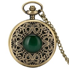 Women Men Quartz Pocket Watch Green Crystal Engraved Flower Case with Chain Gift