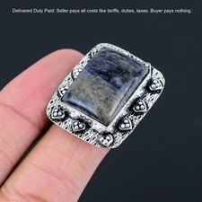 Rectangle Sodalite Gemstone Boho Statement Daughter Ring Size 9 Sterling Silver
