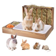 3 in 1 Rabbit Hay Feeder with Litter Box and 2 Bowls brown