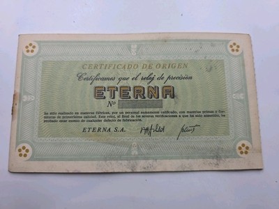 Original Vintage ETERNA Open Guarantee / Blank Certificate  Ca 1960 s