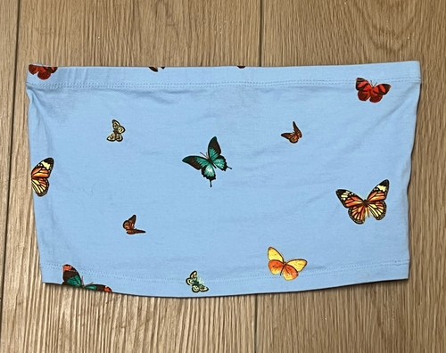 Y2K FOREVER21 Light Blue Butterfly Print Strapless Tube Top Cottagecore Girly - Picture 1 of 5