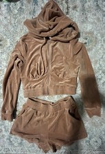 NWT Velour Track Suit 2 Piece Shorts Cropped Hooded S Tan Brown Velvet Hoody