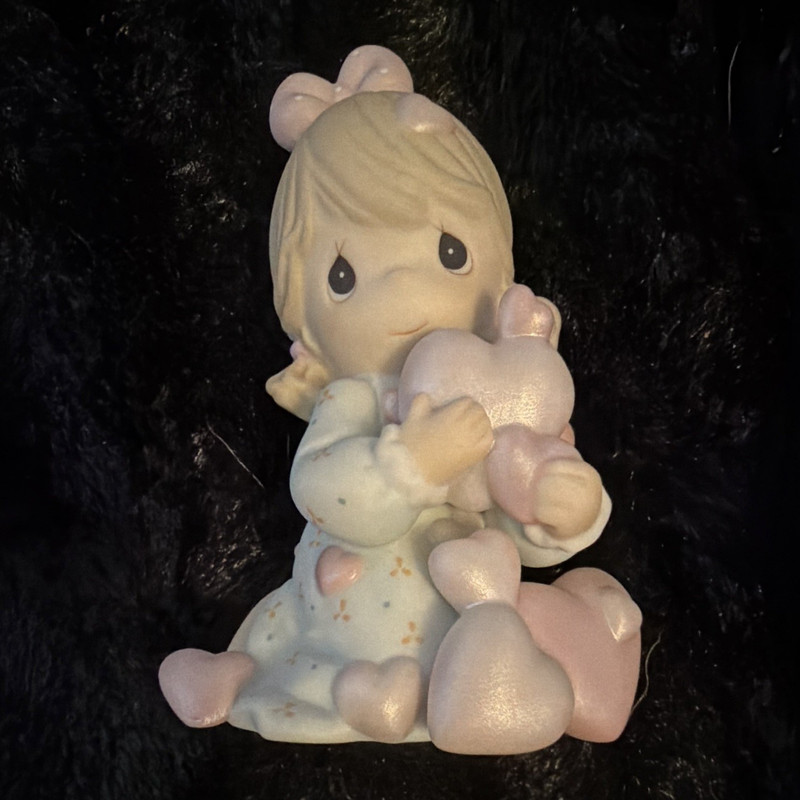 Precious Moments Porcelain Girl Figurine Hugging Stuffed Animals, 2002
