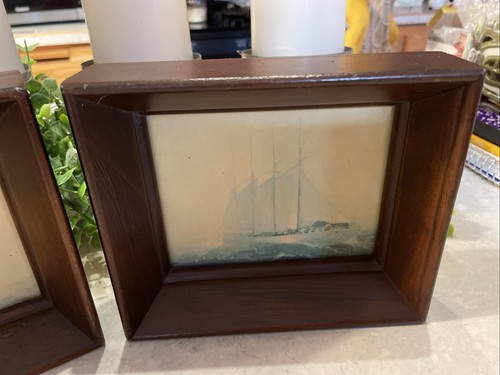 2 Miniature wooden frames Deep Shadow Box Style With Vintage Prints Ships Ocean - Picture 2 of 10