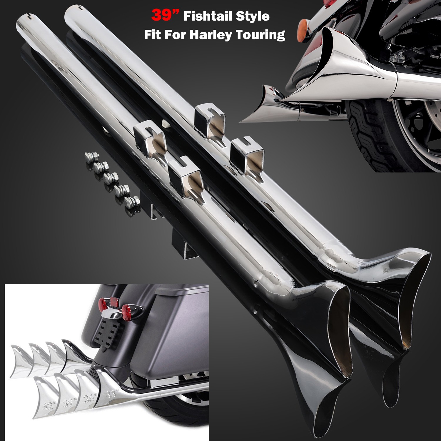 For 95-16 Harley Touring Bagger Fishtail Slip on Exhaust Pipes
