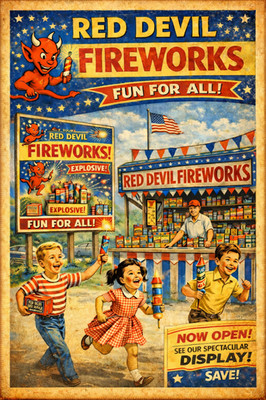 Fireworks- Firecracker poster vintage picture of historic firework stand