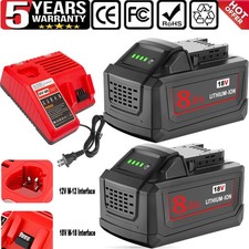 2pcs 8AH Battery and Charger For Milwaukee 18volt Tool For M18 Extended Capacity
