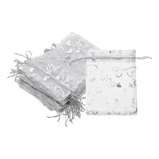 100 Pcs Sachets En Organza Imprimés Coeur Transparent Avec Cordon, Argent