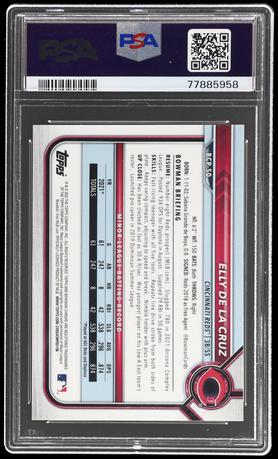 2022 Bowman Chrome Elly De La Cruz #BCP-50 PSA 10 Prospect Yellow Refractor view 2