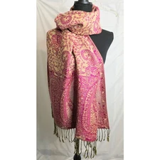 100% Pure Pashmina Scarf Shawl Face Wrap Pink Floral Paisley Fringe Boho Winter