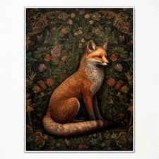 Vintage William Morris Inspired White Fox Art Print Poster, Retro Animal Decor C