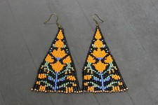 Floral beaded earrings Yellow Beadwork dangle earrings Long Boho earrings Flower