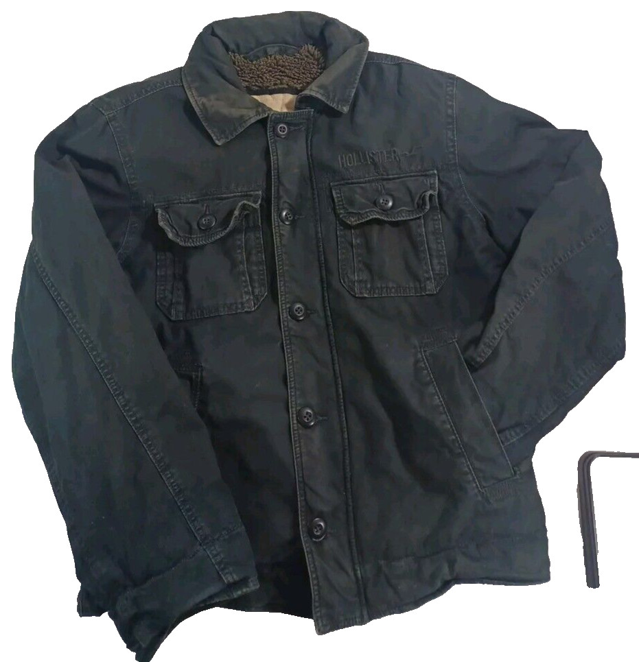 Y2K Hollister Jacket Mens Chore Jacket Military Sherpa Lined Black Canvas - Sz L