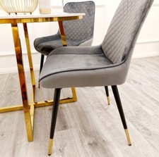 Image of 2 x Savio Luxury Velvet Italian Dining Black Gold Leg Chair - Grey Cream Black