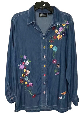 Silver Threads Chambray Blouse Sz M Blue Floral EmbroideredLong Sleeve Button