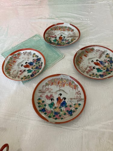Satsuma Set 6 Tassen & 4 Teller Porzellan Vintage Japanische Geisha - Bild 9 von 9