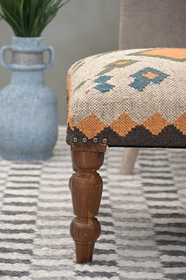 Handcrafted Wool & Jute Kilim Ottoman | Decorative Upholstered Pouf | Footstool - Image 3 of 4