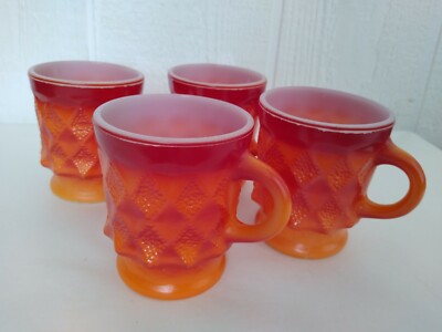 Vtg Fire King Kimberly Red Orange Diamond Milk Glass 8 oz Mug Cups Lot Set of 4 