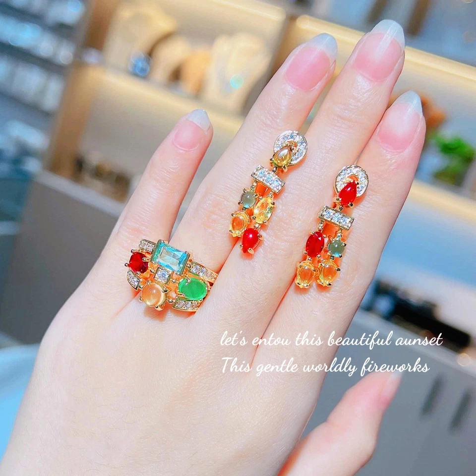 3pc Women Jewelry Set Charm Colorful Garnet Citrine Gems Necklaces Earring Rings - Image 4 of 4